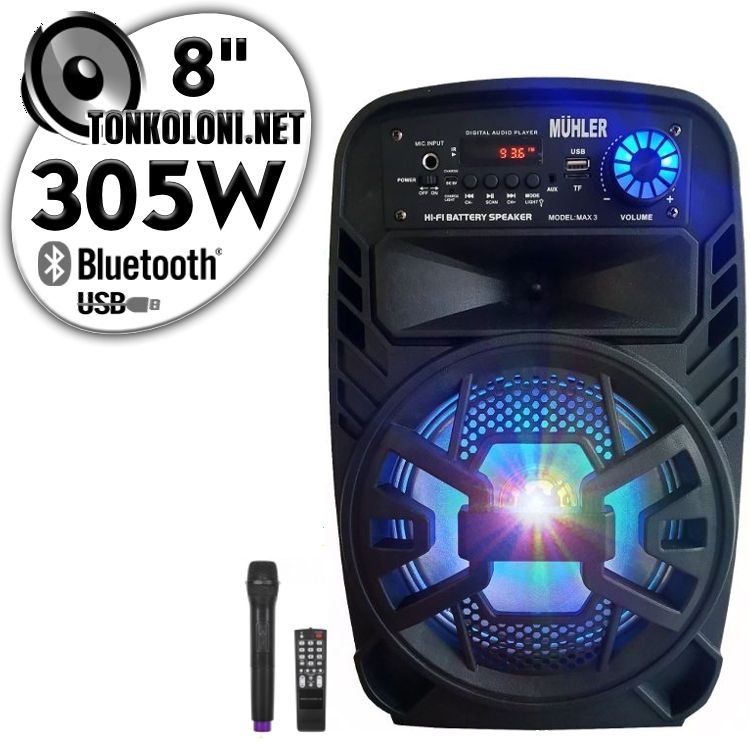 Преносима 8"+ Тонколона Караоке PA80/Max3 с Bluetooth, Безжичен микрофон, USB, Радио, Цветомузика, Вграден акумулатор