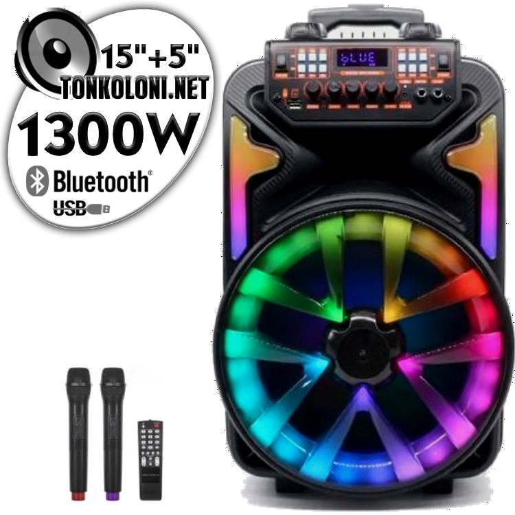 Преносима 15"+ 5" Тонколона Караоке Mega Boom YB1502 LUX с Bluetooth, 2 Броя безжични микрофони, USB, Радио, Цветомузика, Вграден акумулатор + ПОДАРЪК Професионален микрофон 