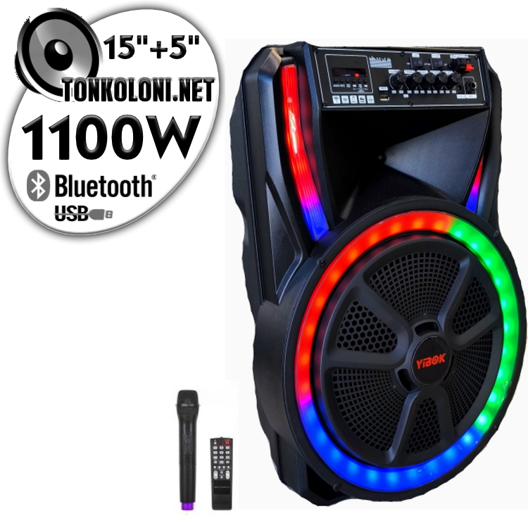 Преносима 15"+ 5" Тонколона Караоке Super Bass YMD10-15 LUX с Bluetooth, Безжичен микрофон, USB, Радио, Цветомузика, Вграден акумулатор + ПОДАРЪК Професионален микрофон 