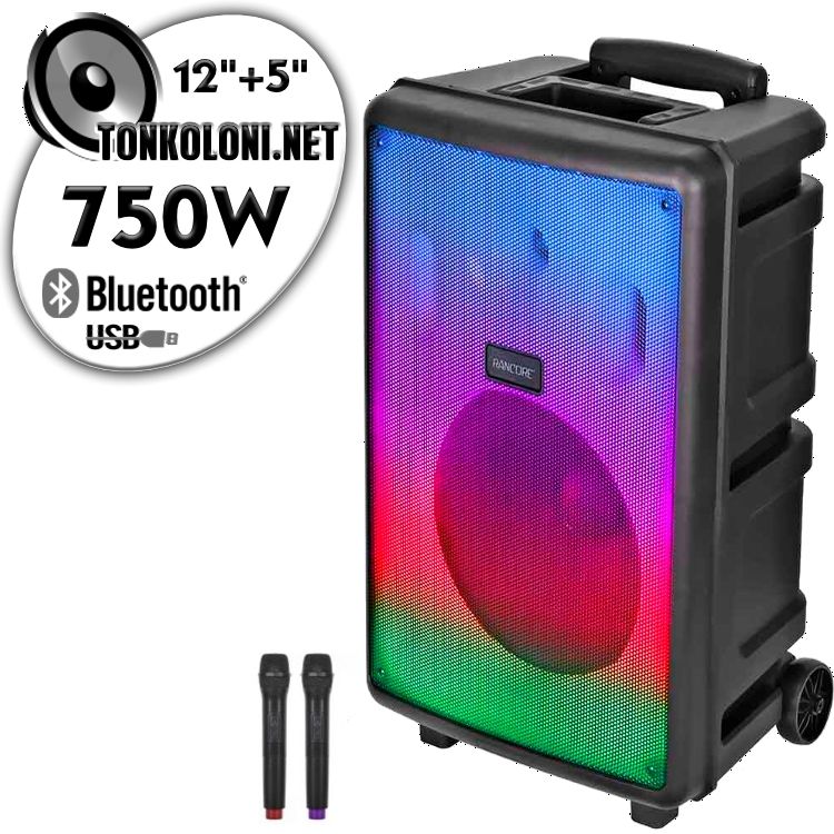 Преносима 12"+ 5"Луксозна Тонколона караоке Rancore RS122XR LUX с Bluetooth, 2 броя Безжични микрофони, USB, Радио, Цветомузика, Вграден акумулатор + ПОДАРЪК Професионален микрофон
