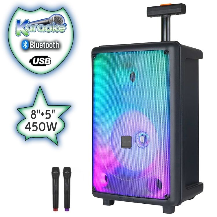 Преносима 8"+ 5"Луксозна Тонколона караоке Rancore RS111XR LUX с Bluetooth, 2 броя Безжични микрофони, USB, Радио, Цветомузика, Вграден акумулатор + ПОДАРЪК Професионален микрофон