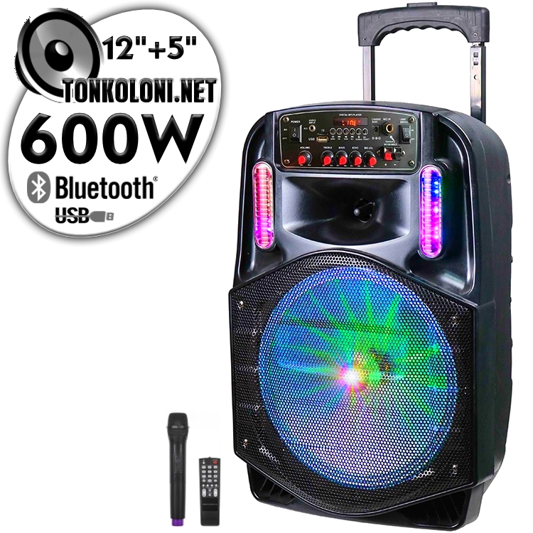 Преносима 12"+ 5" Тонколона Караоке PAudio 121 с Bluetooth, Безжичен микрофон, USB, Радио, Цветомузика, Вграден акумулатор