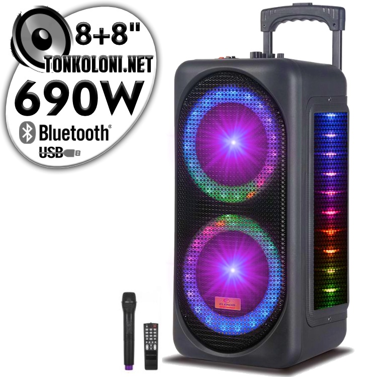 Преносима 8"+ 8" Тонколона караоке с Bluetooth SD карта, Флашка, Радио EK828 LUX с Безжичен микрофон, LED цветомузика и акумулатор