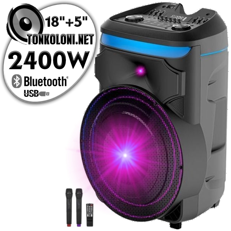 Преносима 18"+ 5" Тонколона Караоке EXTRA BASS EK-11 XB LUX с Bluetooth, 2 Броя безжични микрофони, USB, Радио, Цветомузика, Вграден акумулатор+ ПОДАРЪК Професионален микрофон 