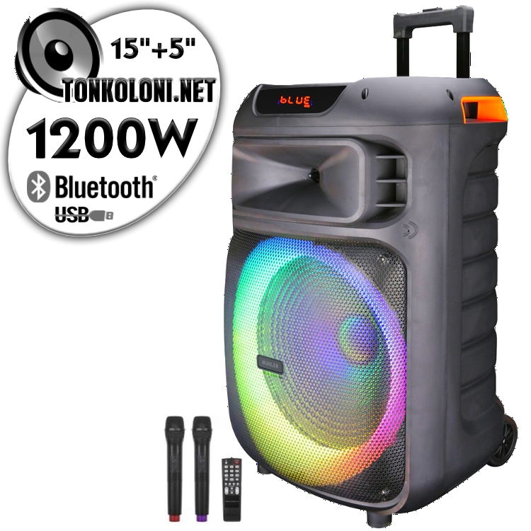 Преносима 15"+ 5" Луксозна Тонколона караоке Muhler MAX777XR LUX с Bluetooth, 2 Броя безжични микрофони, USB, Радио, Цветомузика, Вграден акумулатор + ПОДАРЪК Професионален микрофон 