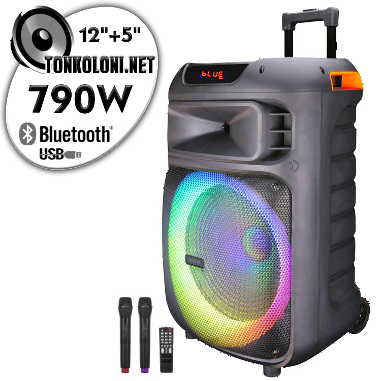 Преносима 12"+ 5" Луксозна Тонколона караоке Muhler MAX333XR LUX с Bluetooth, 2 Броя безжични микрофони, USB, Радио, Цветомузика, Вграден акумулатор + ПОДАРЪК Професионален микрофон