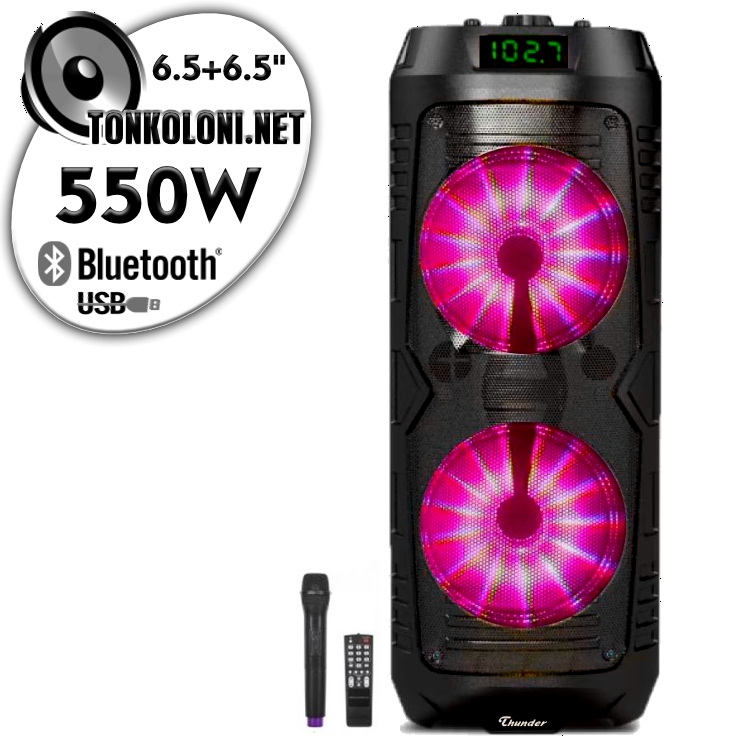 Преносима Двойна 6.5"+6.5" Тонколона караоке Thunder B621 с Bluetooth, Безжичен микрофон, USB, Радио, Цветомузика, Вграден акумулатор